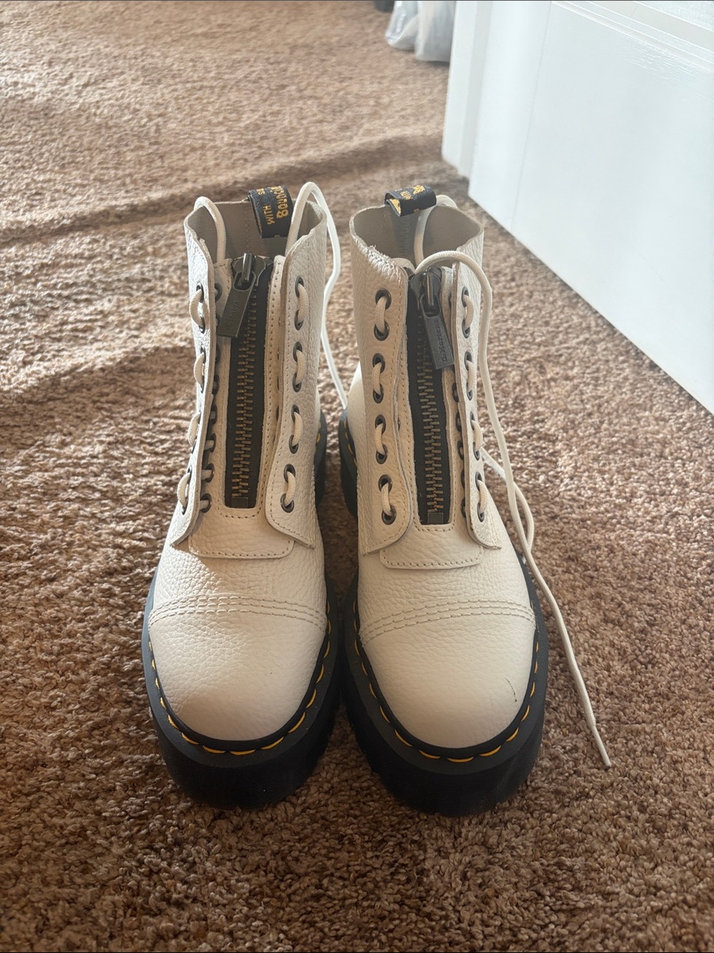 Dr. Marten White Leather Combat Boots with Front Zipper